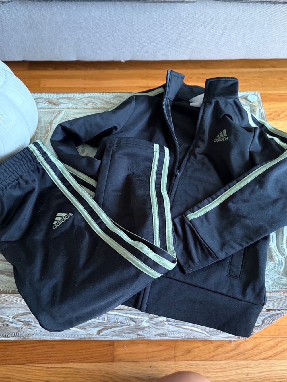 adidas Black Track Jacket and Pants with Pale Green Stripes
